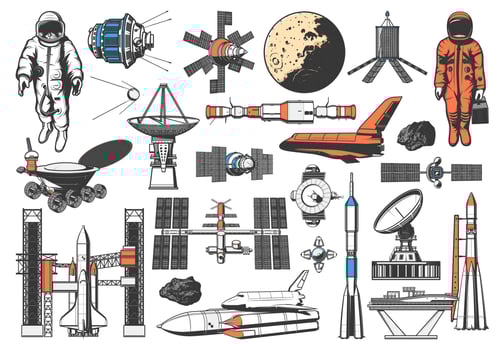 Space rocket, galaxy satellite, spaceman spaceship vector