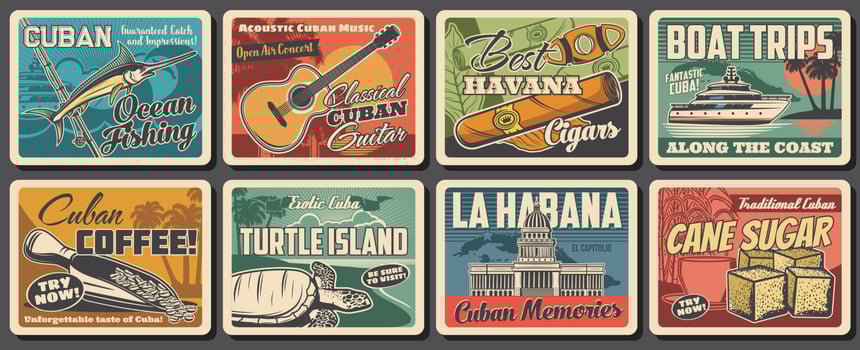 Cuba and Havana travel landmark retro posters vector
