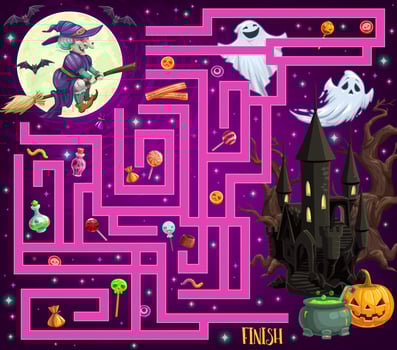 Kids halloween maze with monsters and candy vector