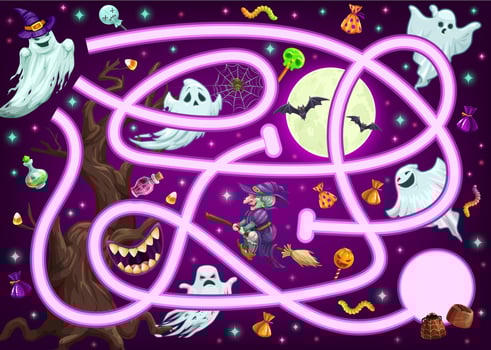 Maze game puzzle, Halloween cartoon labyrinth vector
