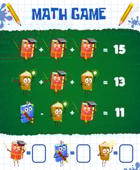 Math game worksheet, school textbooks and books vector