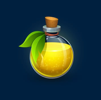 Witchcraft glass bottle with green leaves, potion vector
