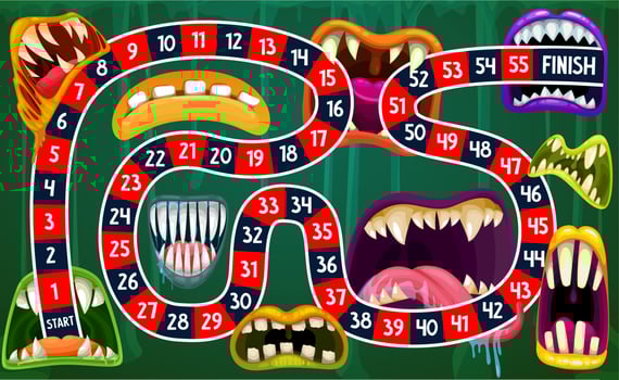 Children board game with path, Halloween monsters vector