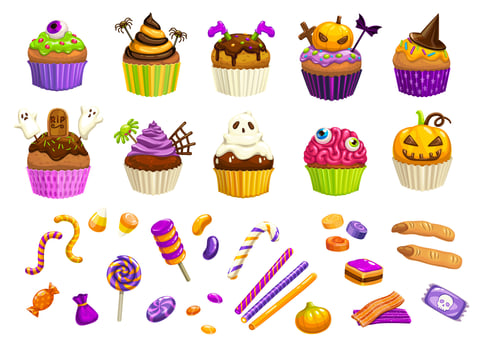 Cartoon Halloween sweets, cupcakes, witch fingers vector