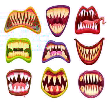 Monster mouth with teeth, cartoon jaws and tongues vector