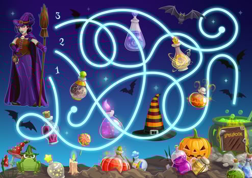 Maze game, Halloween puzzle labyrinth, kid cartoon vector