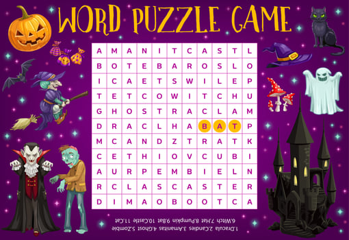 Halloween word puzzle, crossword riddle worksheet vector