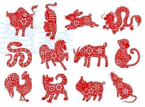 Chinese zodiac horoscope red papercut animals vector