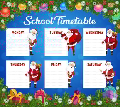 Child Christmas school timetable, lessons schedule vector
