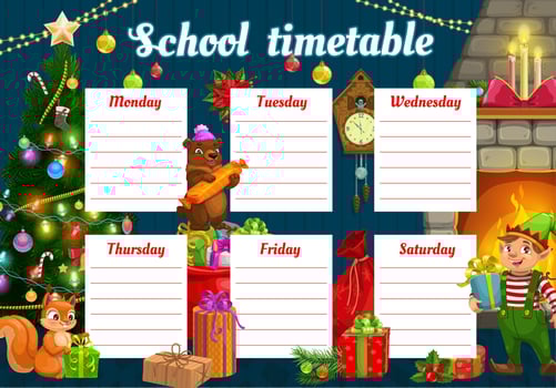 Christmas school timetable with animals and elf vector