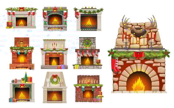 House fireplaces with Christmas decorations set vector