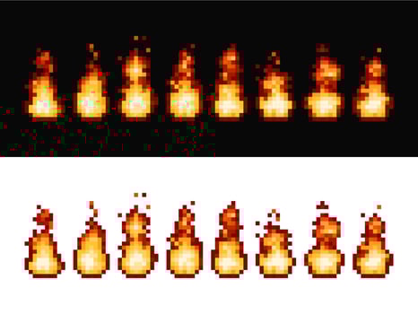 Fire flame pixel art animation sprite frames, 8bit vector