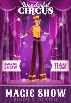 Shapito circus poster, cartoon stilt walker show vector