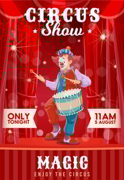Shapito circus poster with cartoon drummer clown vector