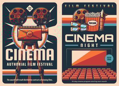 Movie film festival retro poster, cinema projector vector