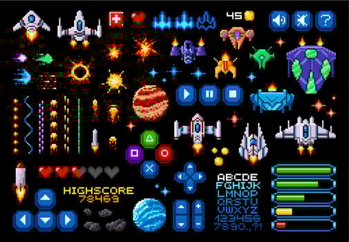 8bit pixel art game asset, space planets, rockets vector