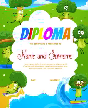 Cartoon happy broccoli, kids diploma certificate vector
