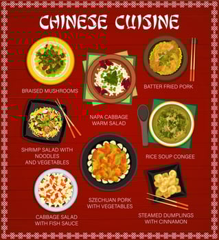 Chinese cuisine menu with Asian restaurant dishes vector