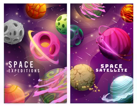 Space exploration, cartoon galaxy planets, stars vector