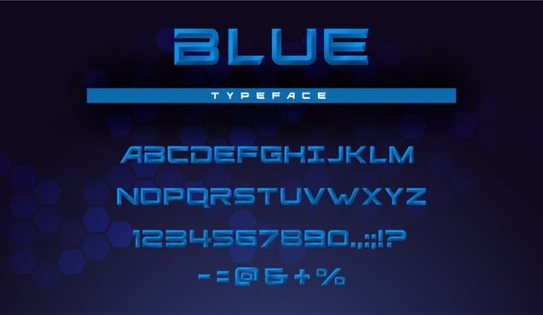 Chiseled font, beveled alphabet letters, numbers vector