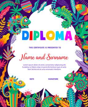 Mexican chameleon lizard, kids diploma certificate vector