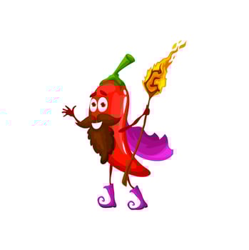 Cartoon mage chili pepper character with staff vector