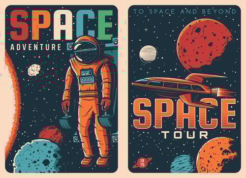 Space travel tours retro posters, galaxy adventure vector