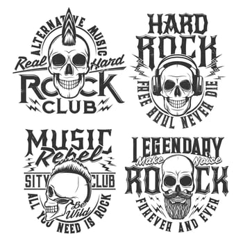 Rock music t-shirt prints, rock club skull emblems vector