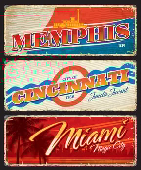 Memphis, Cincinnati, Miami american cities plates vector