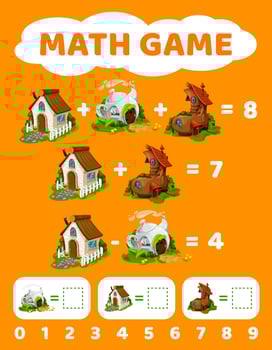 Cartoon fairytale houses, math game worksheet maze vector