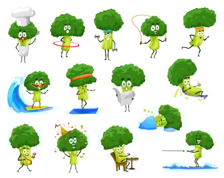 Cartoon funny broccoli vegetable characters set vector