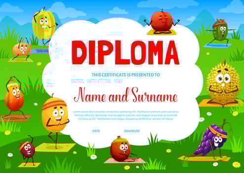 Yoga pilates diploma certificate, cartoon fruits vector