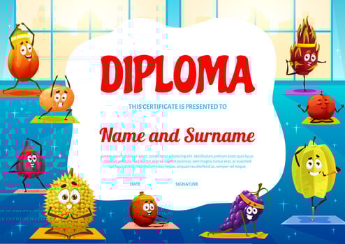 Kids yoga diploma certificate with cartoon fruits vector