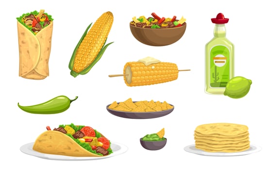 Mexican cuisine meals, cartoon food and drink vector
