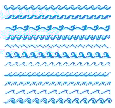Sea or ocean wave line, blue water borders, frames vector