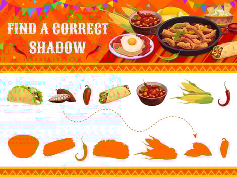 Find a correct shadow of mexican food, kids game vector