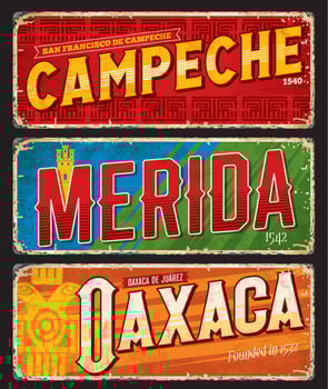 Campeche, Oaxaca, Merida mexican city travel plate vector