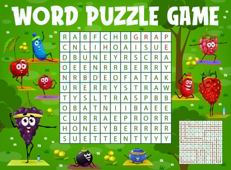 Word search puzzle game worksheet, berries on yoga vector