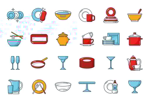 Kitchen plate, dish, utensil color outline icons vector