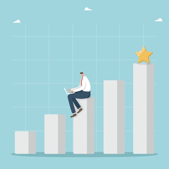 Hard work for career growth and salary increase, financial and economic growth, study of new business development prospects, increase in income and profit, a man sits with a laptop on a growing graph. vector