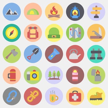 Icon set of camping. Camping and adventure elements. Icons in color mate style. Good for prints, posters, logo, advertisement, infographics, etc. vector