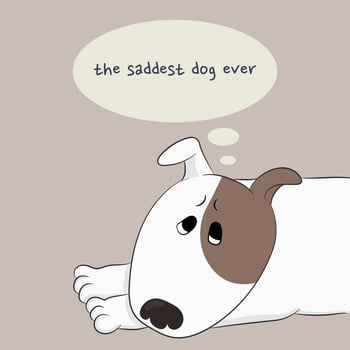 Sad cartoon dog lies with speech bubbles and phrase The saddest dog ever. Hand drawn vector art