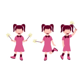 Set Of Little Girl Playing Fireworks vector