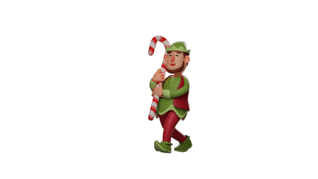 3D Illustration. Cheerful Elf 3D cartoon character. Elf carrying a giant candy stick. Elf smiled and felt happy. Elf shows a walking pose. 3D cartoon character png