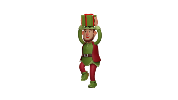 3D Illustration. Funny Elf 3D cartoon character. Elf brought a gift box on his head. Elf walked while showing his handsome smile. Elf uses green clothes. 3D cartoon character png