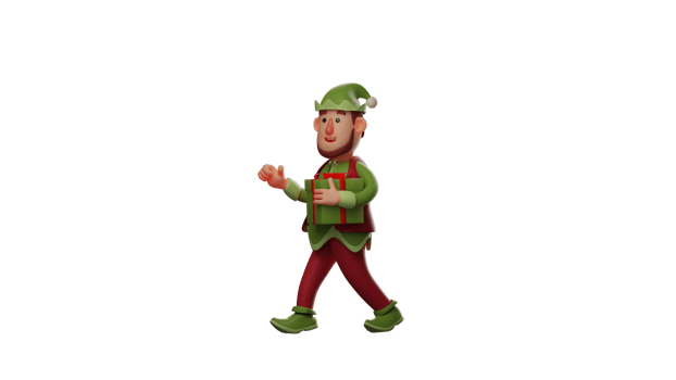 3D Illustration. Adorable Elf 3D Cartoon character. Elf is walking around. Elf walked while carrying a gift box he would give to a child. Elf shows a happy expression. 3D cartoon character png