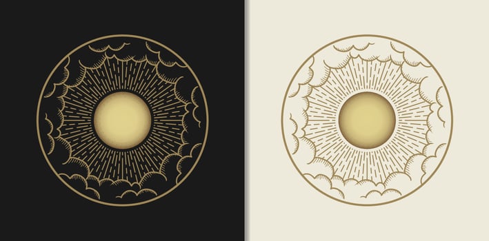 The Sun or Moon Surrounded by Clouds with Handdrawn Engraving Gold Style vector