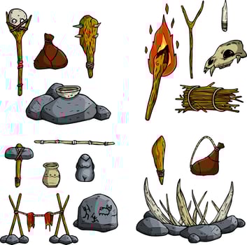 Set of items of primitive man and hunter. Weapons of caveman. Stone age hammer, axe and club. Lifestyle and tool. Cartoon illustration vector