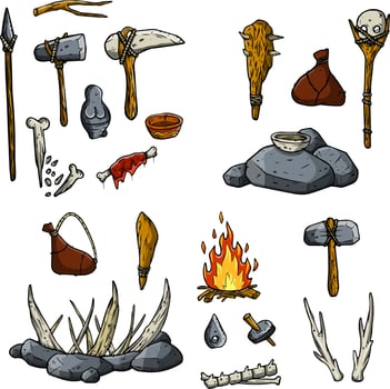 Set of items of primitive man and hunter. Weapons of caveman. Stone age hammer, axe and club. Lifestyle and tool. Cartoon illustration vector