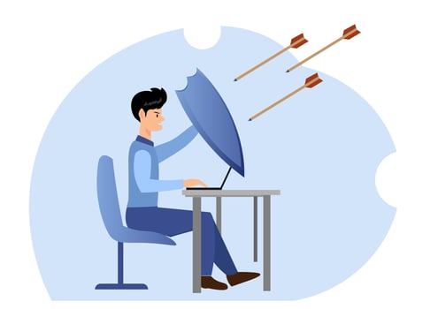 Cyber attack protection, strong businessman holding shield to protect from big arrow to attack his computer, protecting from internet hackers, computer security system or privacy firewall concept. vector